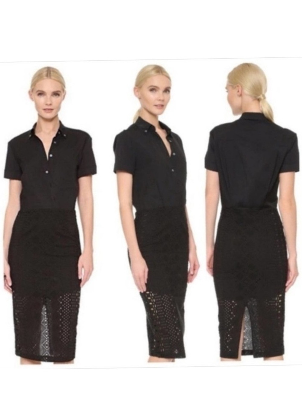 Veronica Beard Black Short Sleeve Eyelet Pencil Knee Lengh dress 10